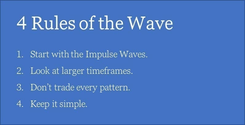 4 rules of Elliott wave analysis: 1. start with the impulse waves, 2. look at larger timeframes, 3. don't trade every pattern, 4. keep it simple.